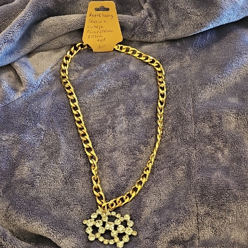 Gold  Steampunk Necklace with Vintage Rhinestone Brooch Charm